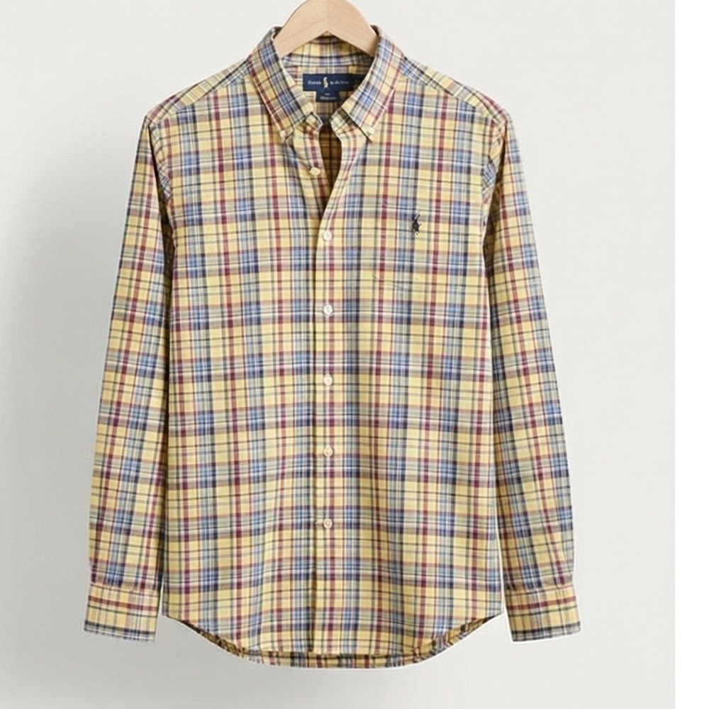 POLO Ralph Lauren Plaid Shirt Mens XL Vintage Button Down Tartan Yellow Blue Y2K
